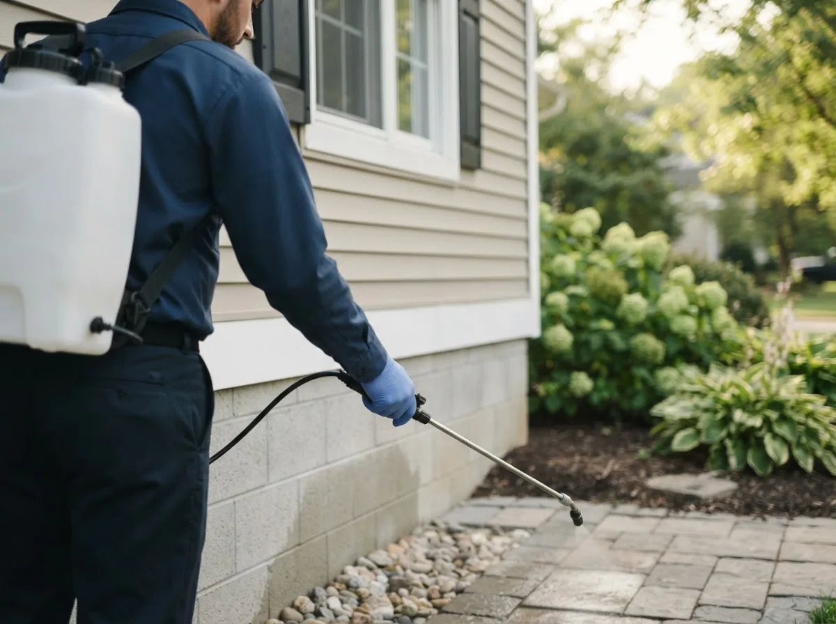 Pest control technician inspecting a home in Waterflow, NM